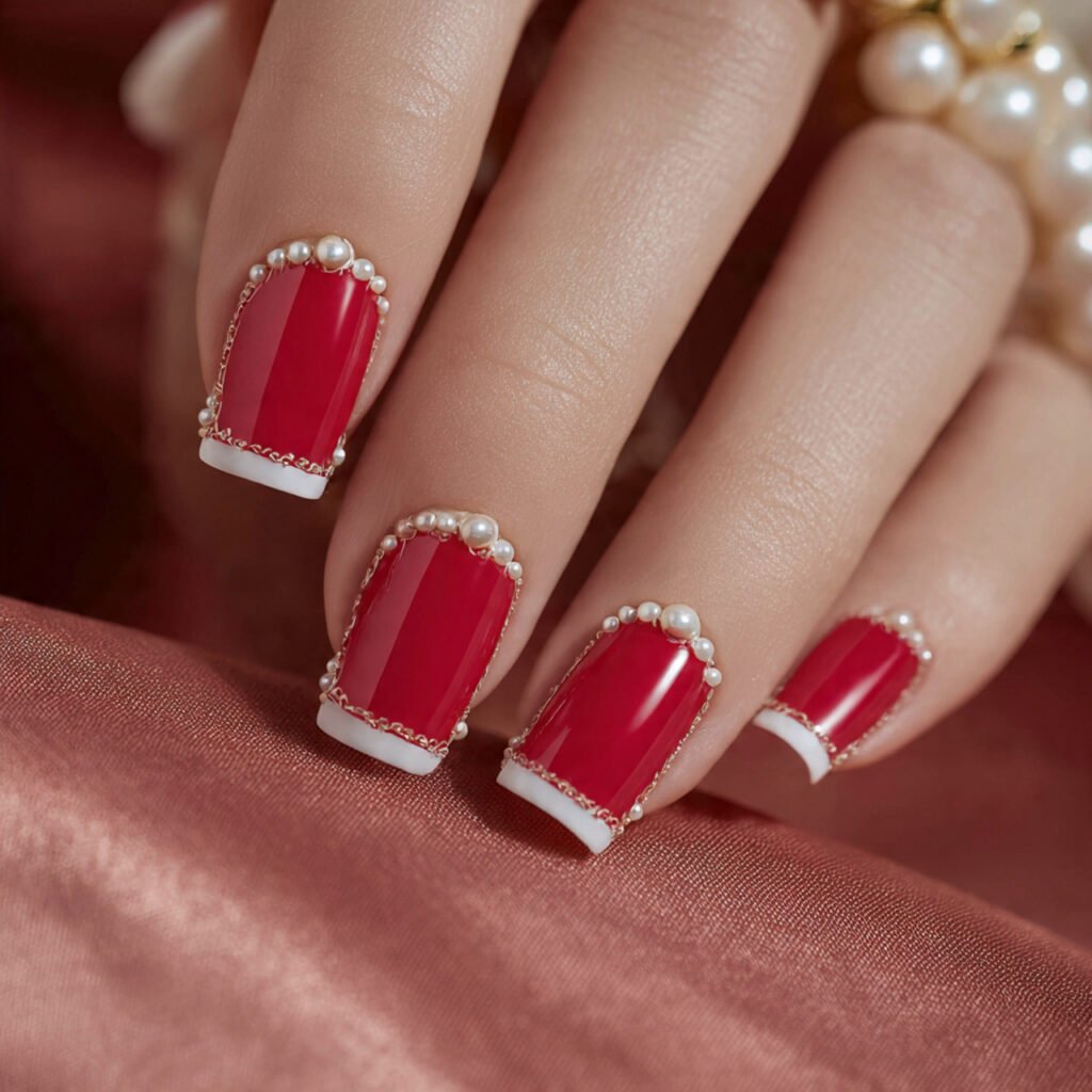 close up of square shaped nail art red french tips