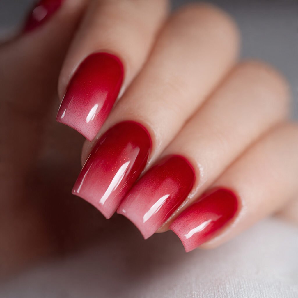 close up of square shaped nail art scarlet red omb