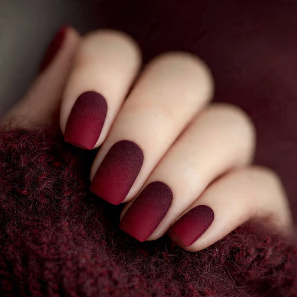 close up of square shaped nails with muted red tip