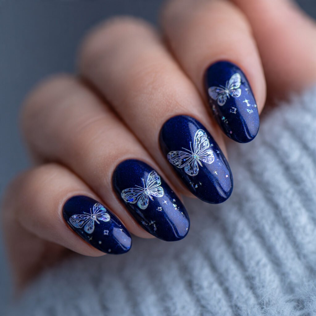 Whimsical Navy Blue Butterfly Nail Ideas