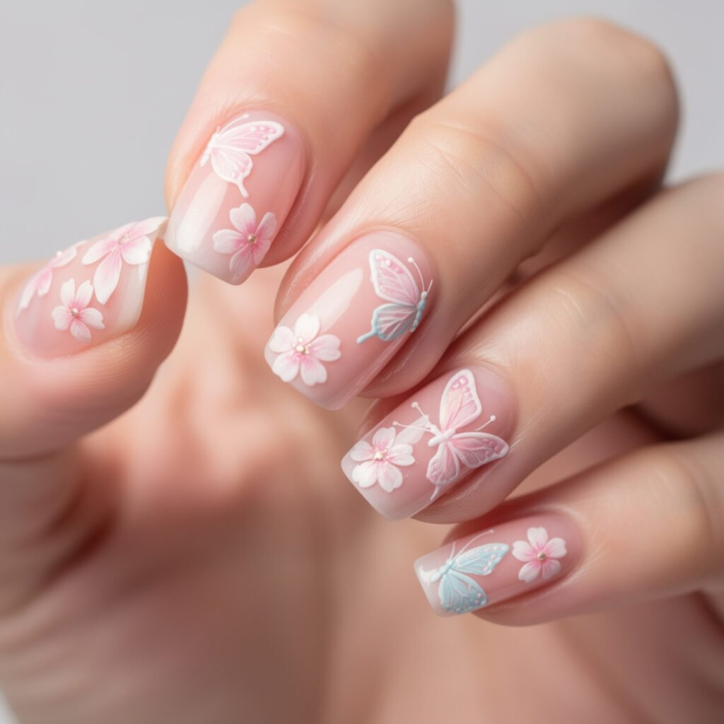 Cherry Blossom and Butterfly Nails