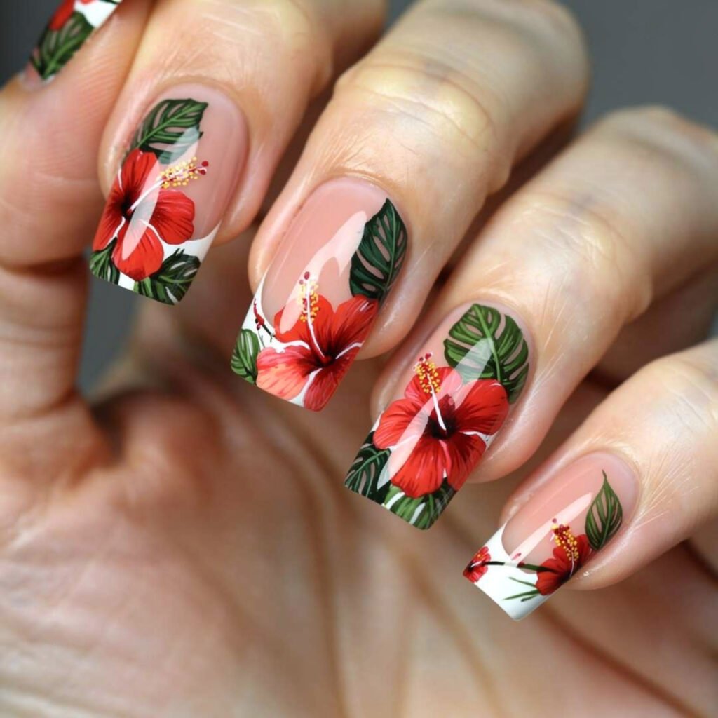 Hibiscus French Tip Nails