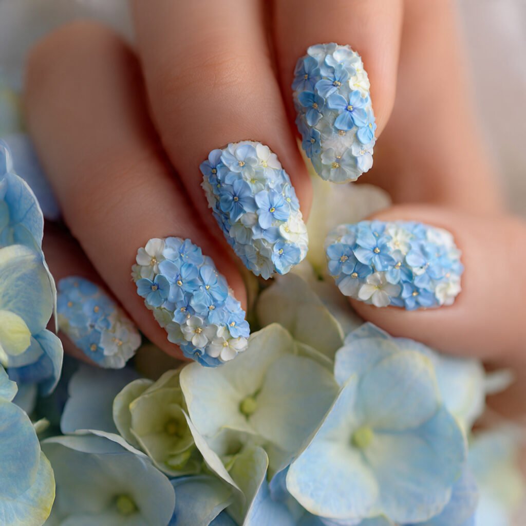 32 Top Blue and White Floral Nail Designs: Elegant Flower Art to Try 24 Pale Blue Hydrangea Clusters