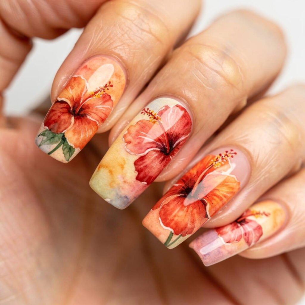 Hibiscus Watercolor Nail Designs