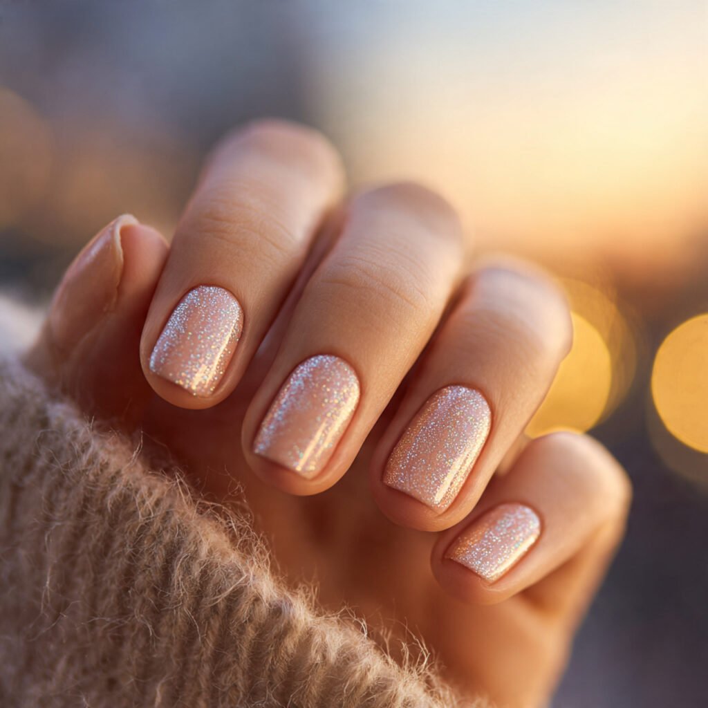 elegant close up of nude manicured nails ring fing