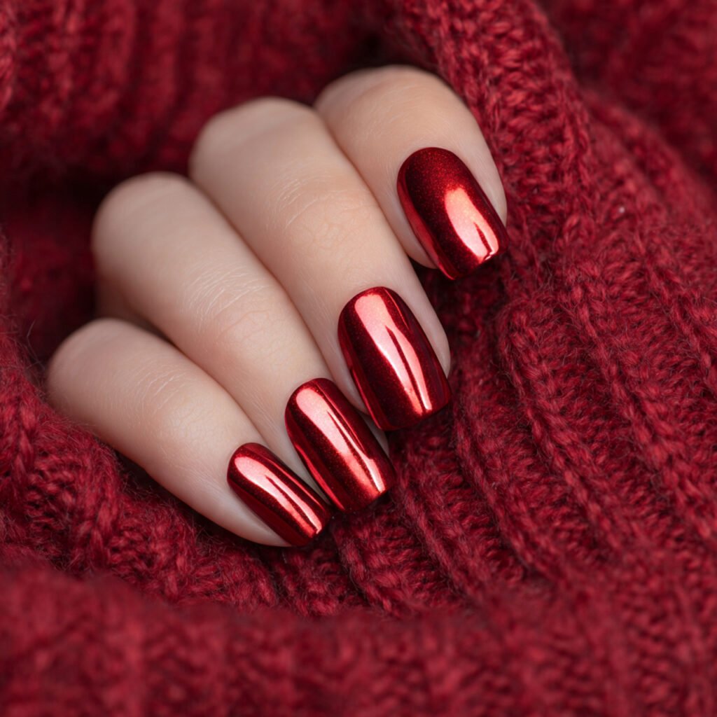festive holiday red chrome nails bright and cheerf