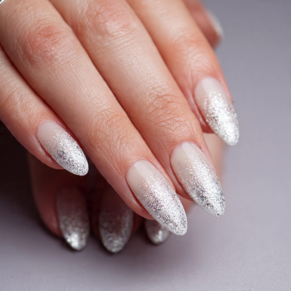 festive shot of nude nails with a silver glitter o