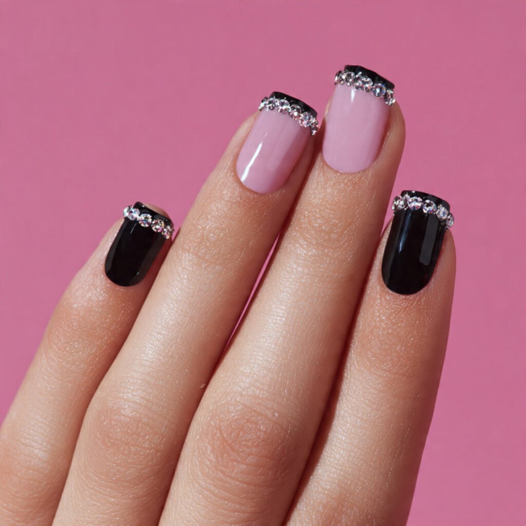 Rhinestone Black French Tip Nail Ideas