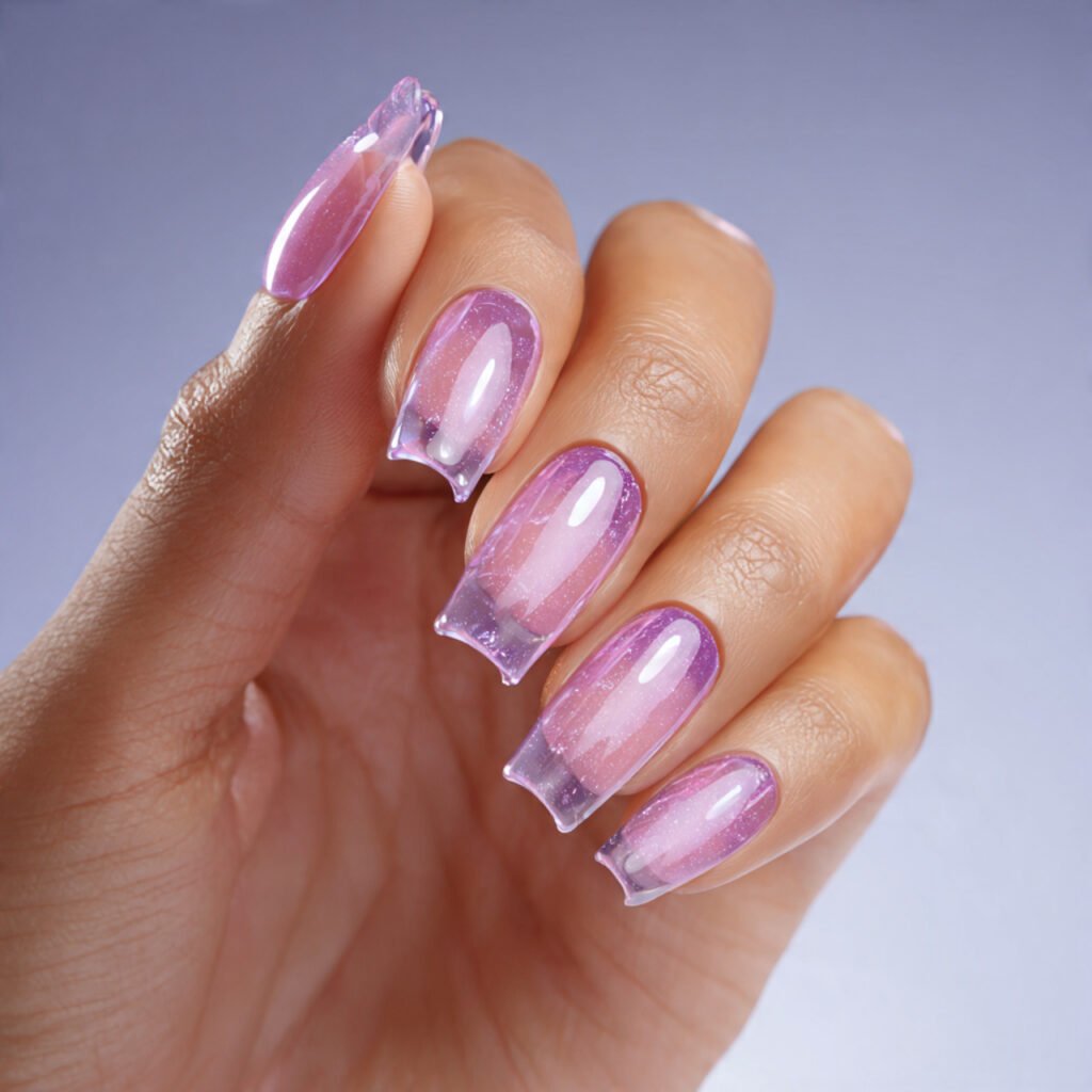 glossy 11 square close up shot of jellybean nails