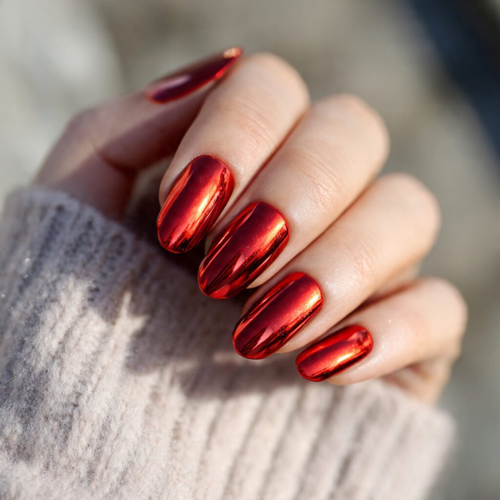 high impact bright poppy red mirror nails warm and