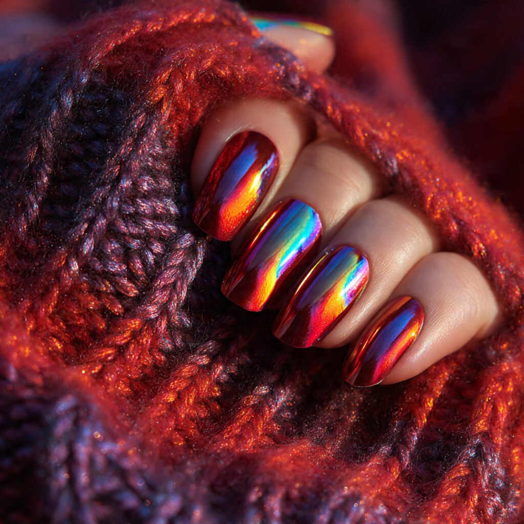 holographic red chrome nails with holographic rain