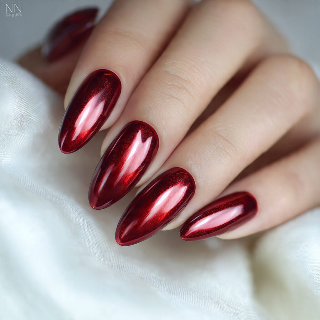iridescent red mirror coating nails with a soft pe
