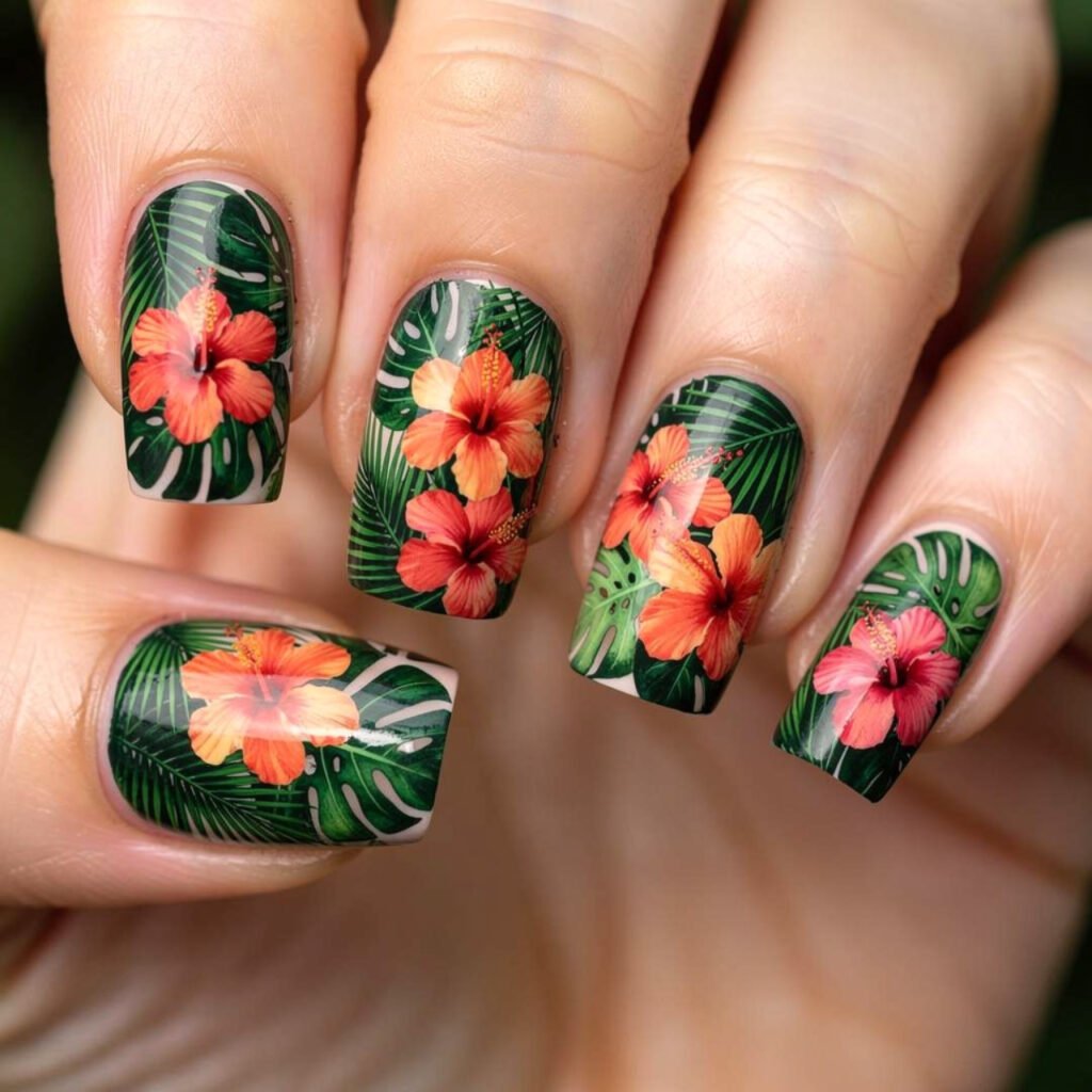 Hibiscus and Leaf Nail Art