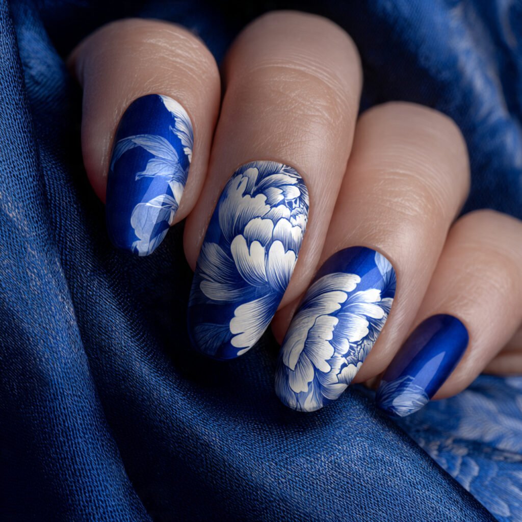32 Top Blue and White Floral Nail Designs: Elegant Flower Art to Try 19 Oversized White Peony Statements