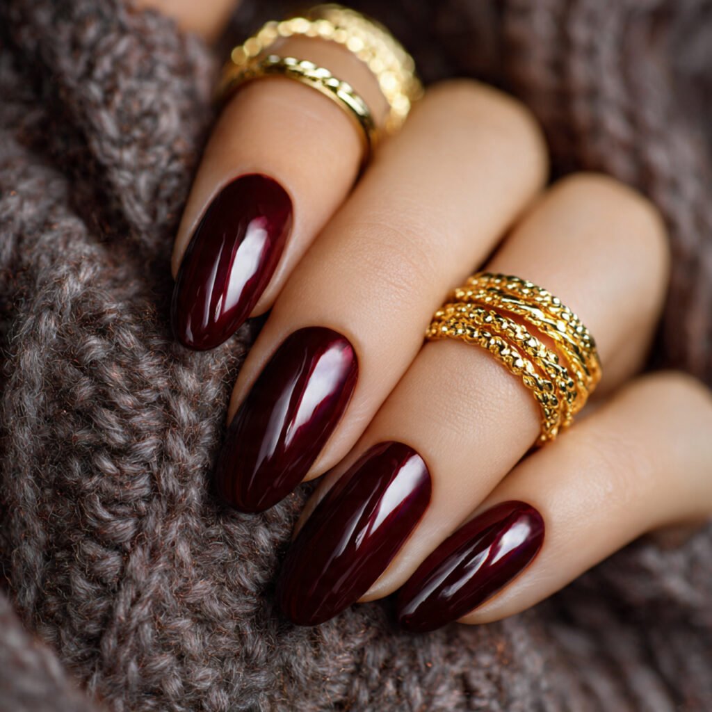 luxurious deep oxblood nails with heavy metallic l