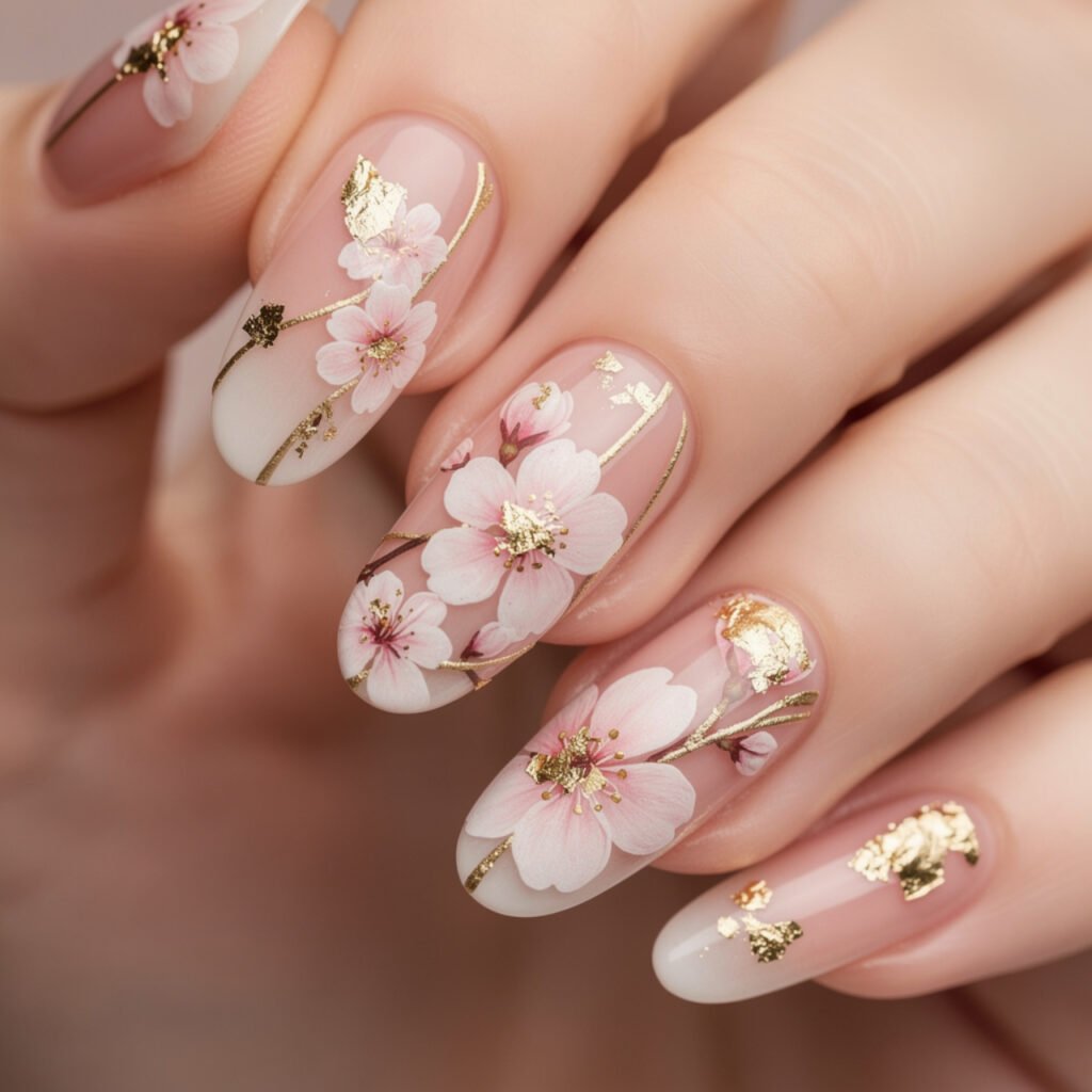 Cherry Blossom and Dragonfly Nail Art