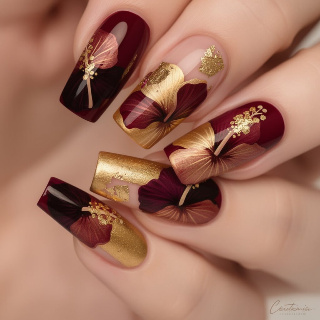 Hibiscus Nails with Gold Foil
