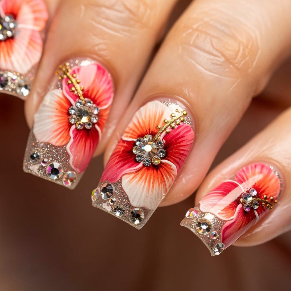 Hibiscus Nails with Rhinestones