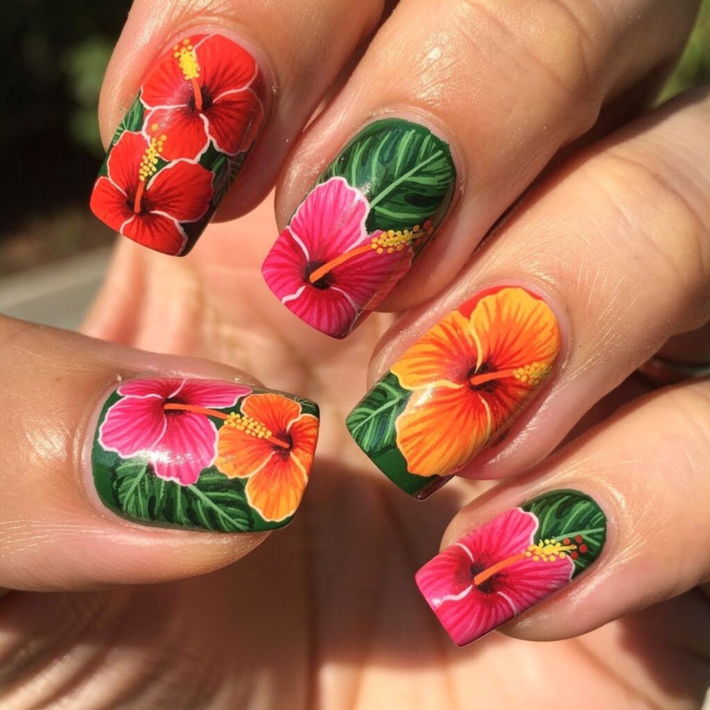 Tropical Hibiscus Nail Designs