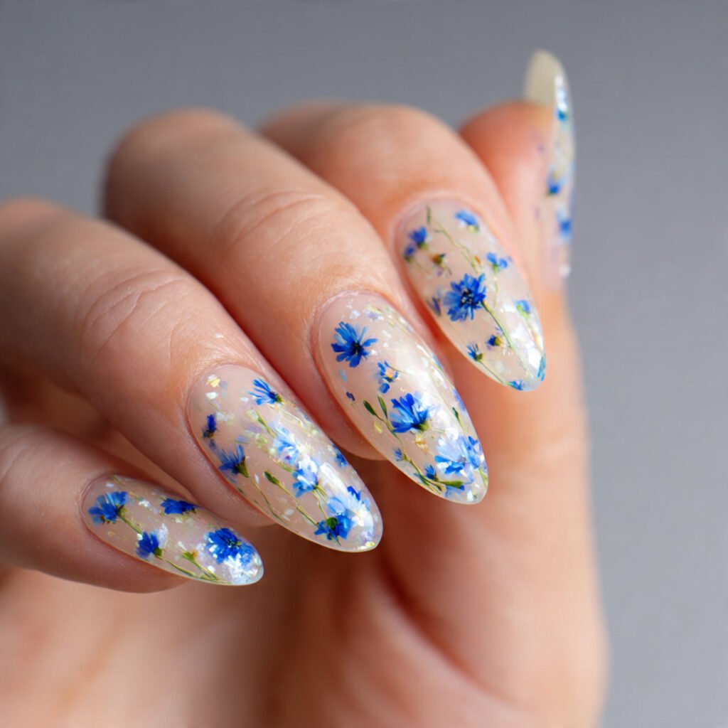 32 Top Blue and White Floral Nail Designs: Elegant Flower Art to Try 5 Delicate Cornflower Field Art