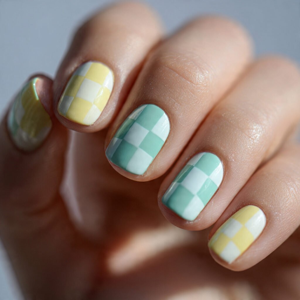 macro square shot of nails with a soft pastel chec