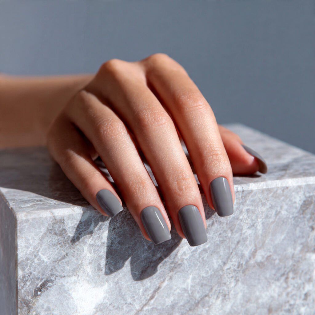 minimalist shot of stone grey nails with a flat ma