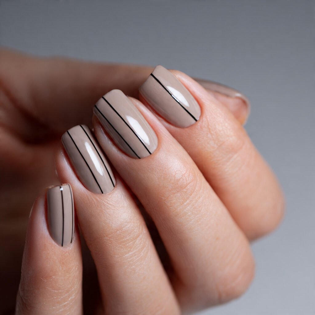 modern close up shot of taupe nails with thin blac