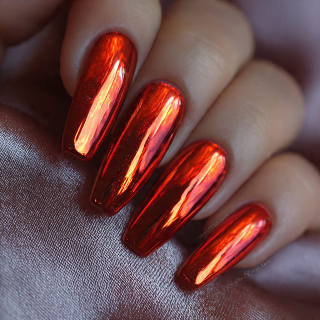 molten lava red mirror effect nails intense orange