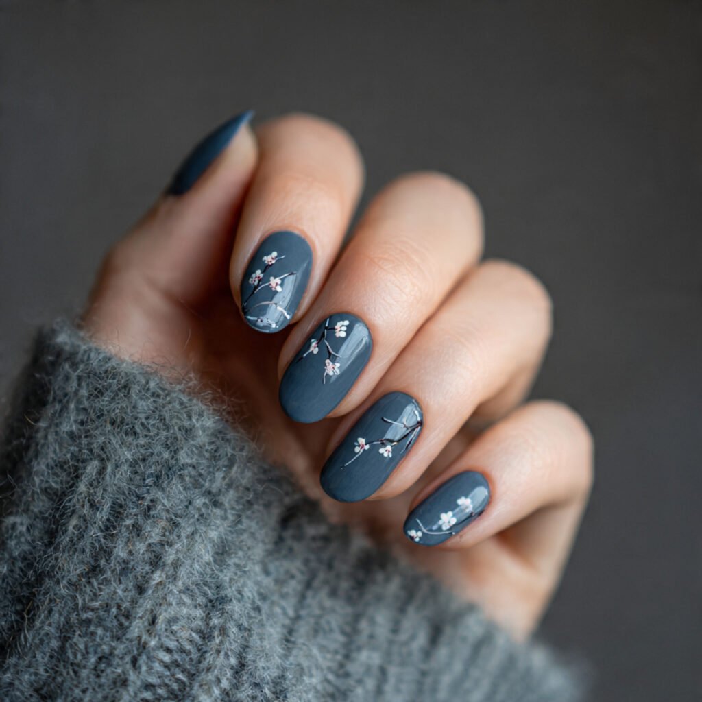 32 Top Blue and White Floral Nail Designs: Elegant Flower Art to Try 32 Dark Slate Blue Floral Minimalism