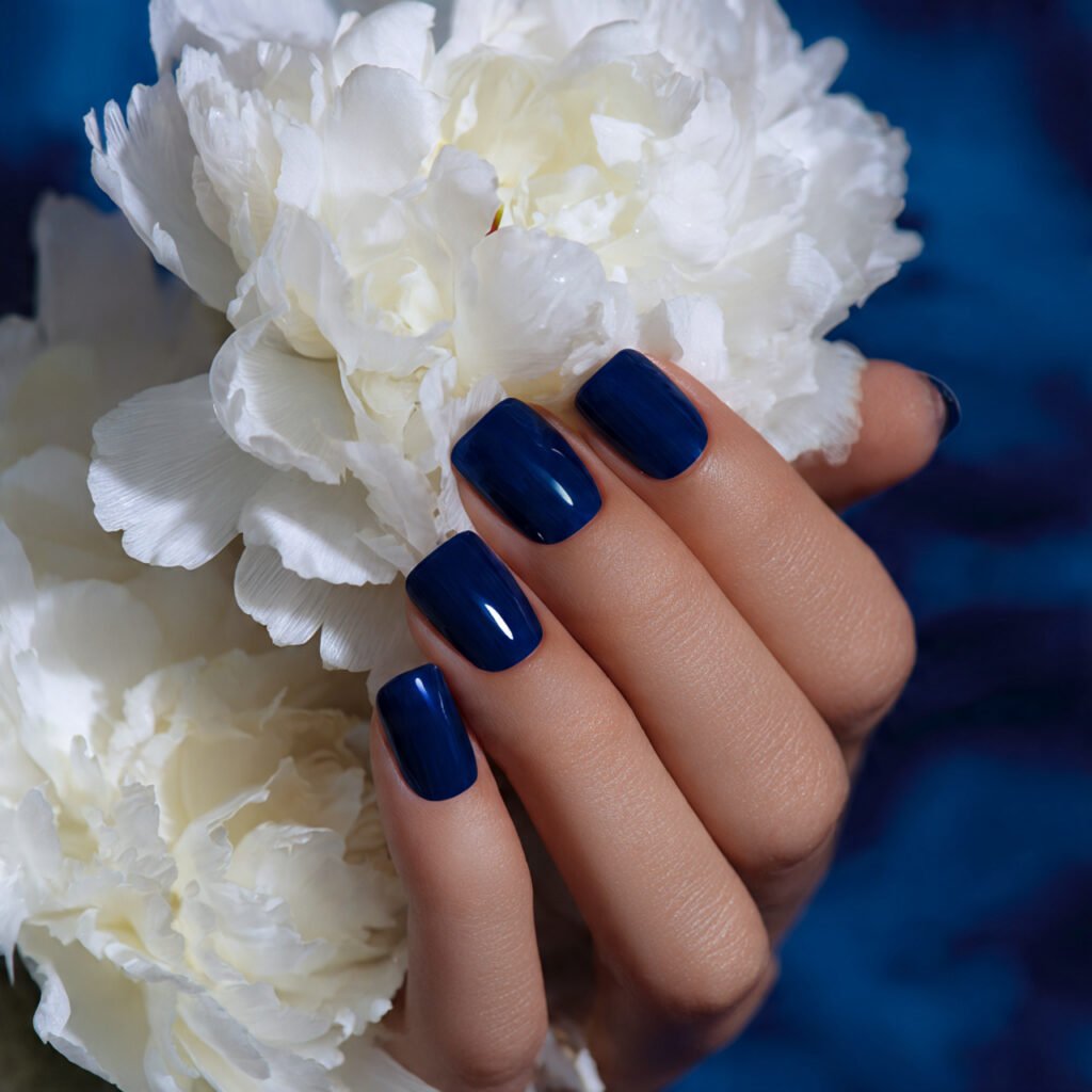32 Top Blue and White Floral Nail Designs: Elegant Flower Art to Try 23 High Gloss Indigo Floral Look