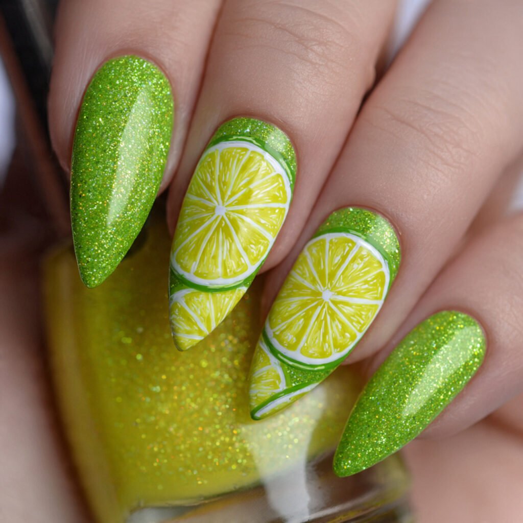 playful close up of sharp citron green yellow nail