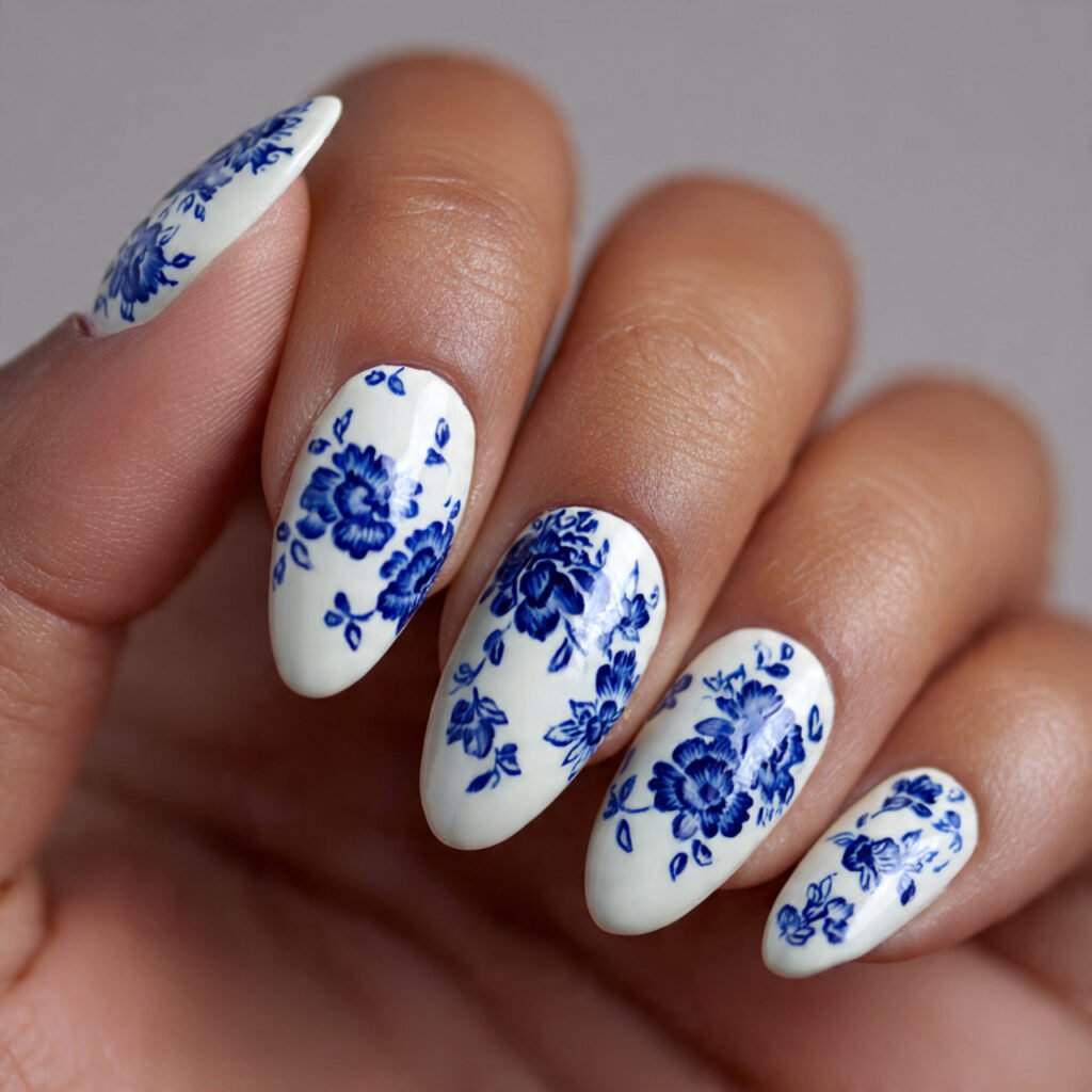 32 Top Blue and White Floral Nail Designs: Elegant Flower Art to Try 2 Classic Porcelain Pattern Inspiration