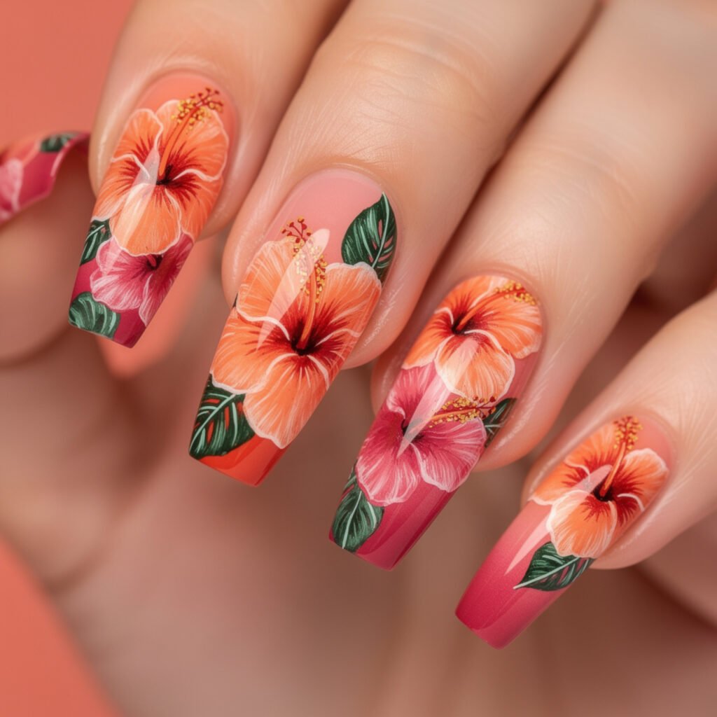 Hibiscus Flower Acrylic Nails