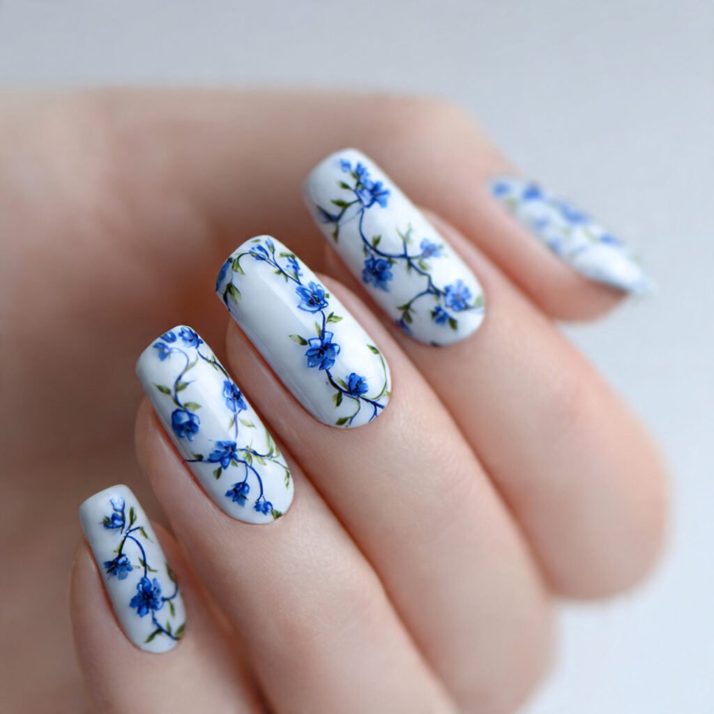 32 Top Blue and White Floral Nail Designs: Elegant Flower Art to Try 18 Delicate Blue Jasmine Vines