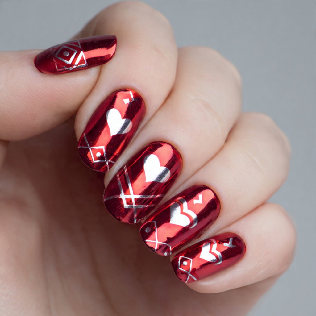 red chrome negative space nail art full red chrome