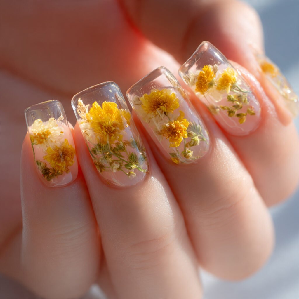 romantic 11 square close up of a clear gel manicur