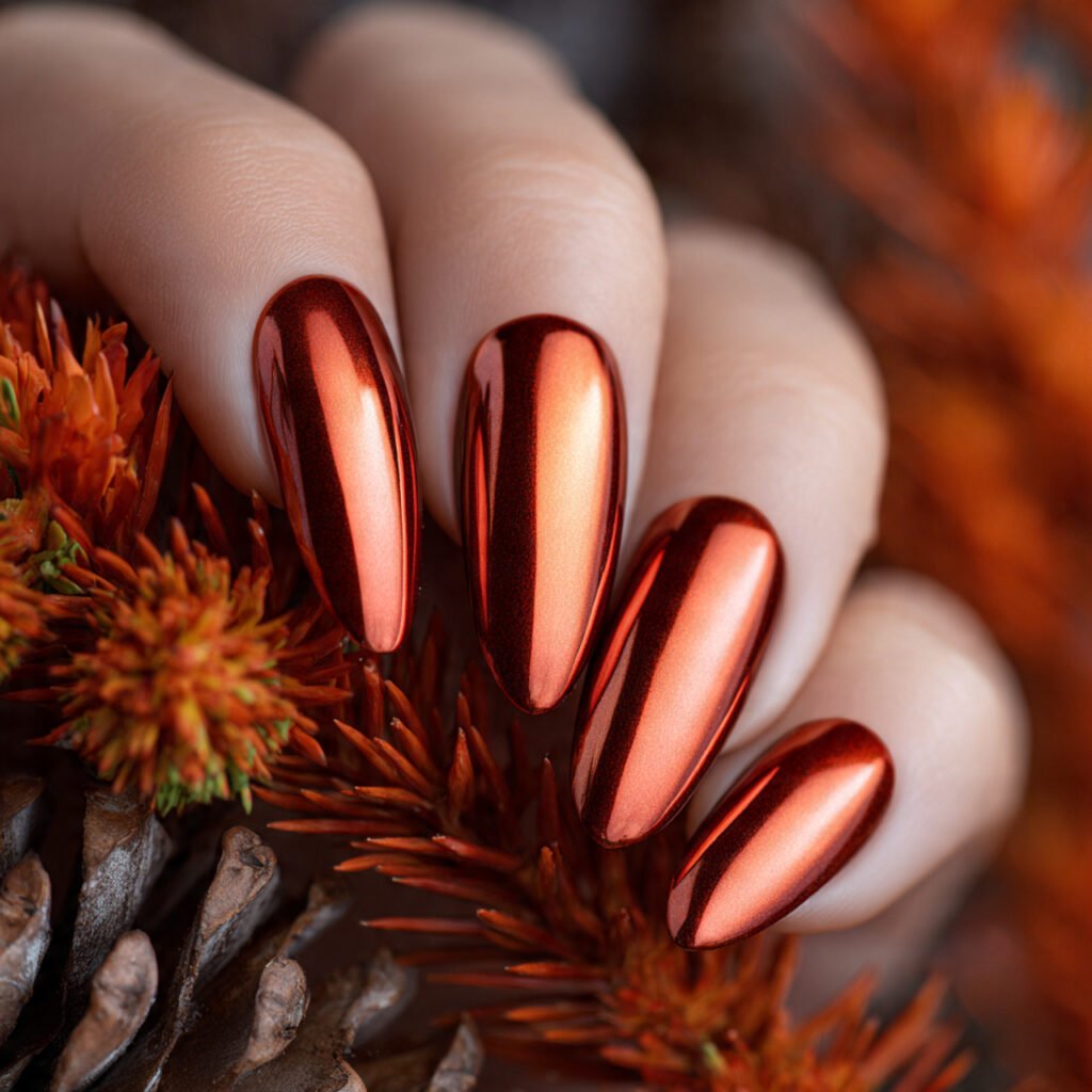 rusty red chrome nails with a polished copper fini