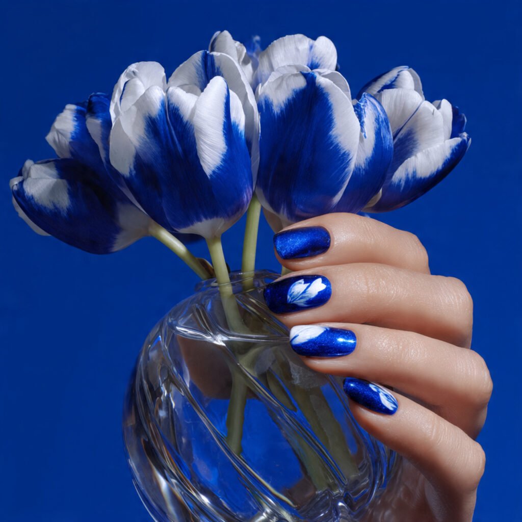 32 Top Blue and White Floral Nail Designs: Elegant Flower Art to Try 20 Glossy Cobalt Blue Tulips