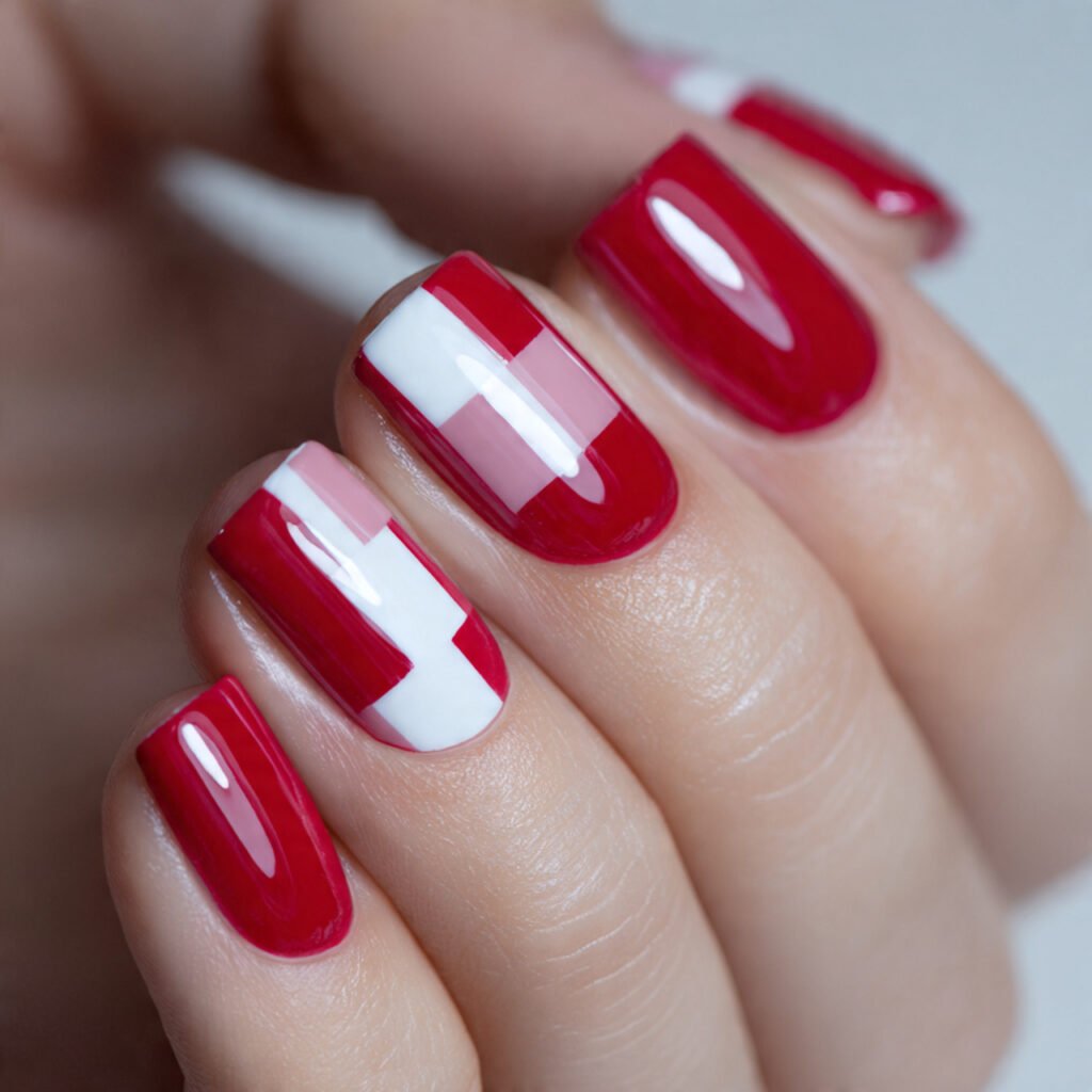 sharp square cut nail art close up bold red tips s