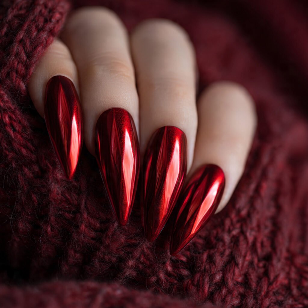 sharp stiletto nails featuring a ruby red reflecti