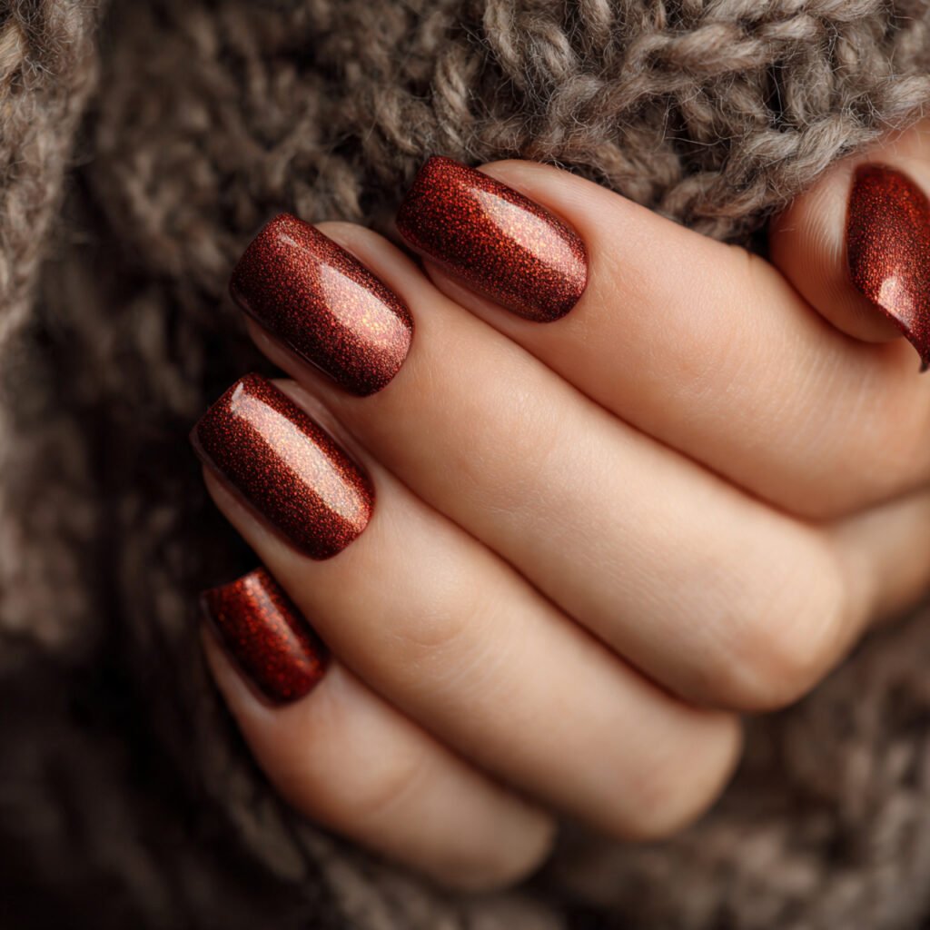 shimmering brick red metallic nails sophisticated