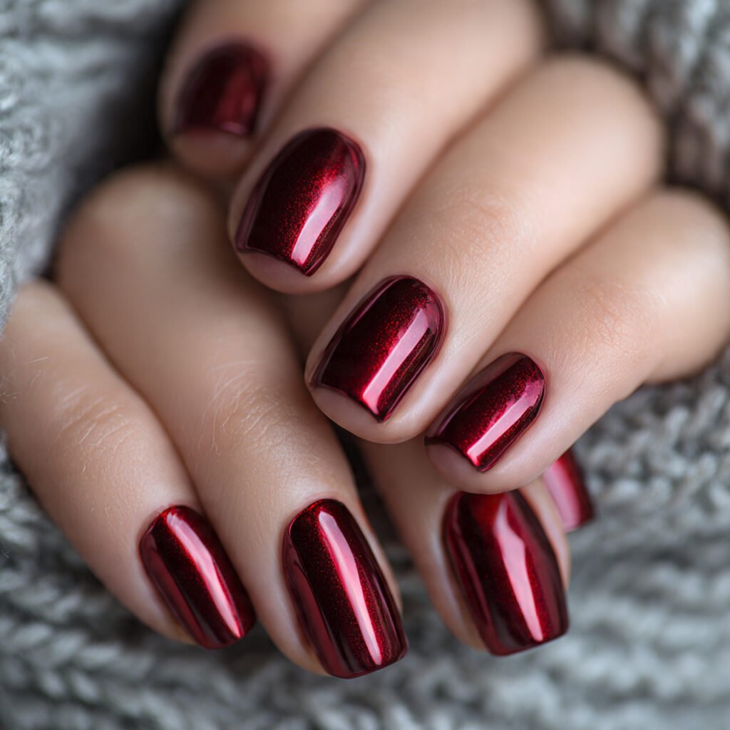short tidy nails with a rich berry red chrome coat
