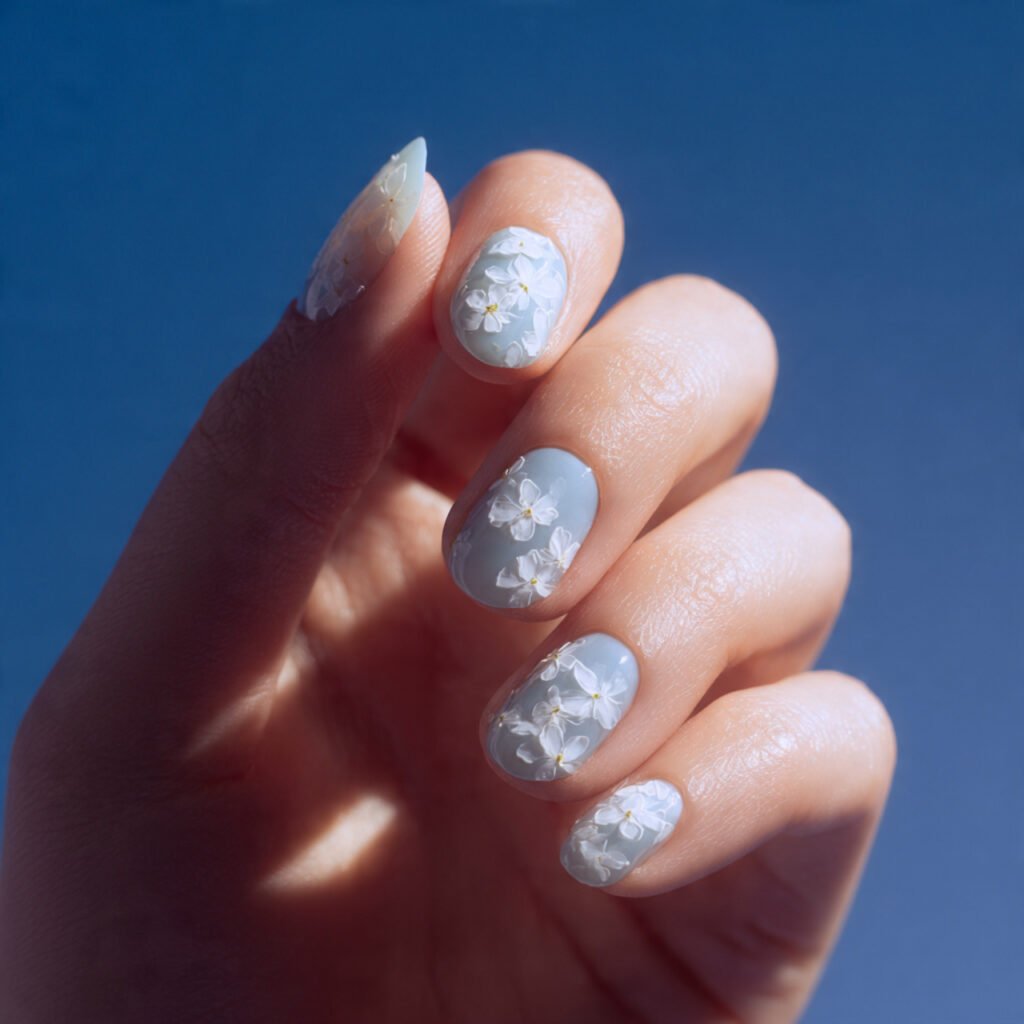 32 Top Blue and White Floral Nail Designs: Elegant Flower Art to Try 3 Soft Powder Blue Petals
