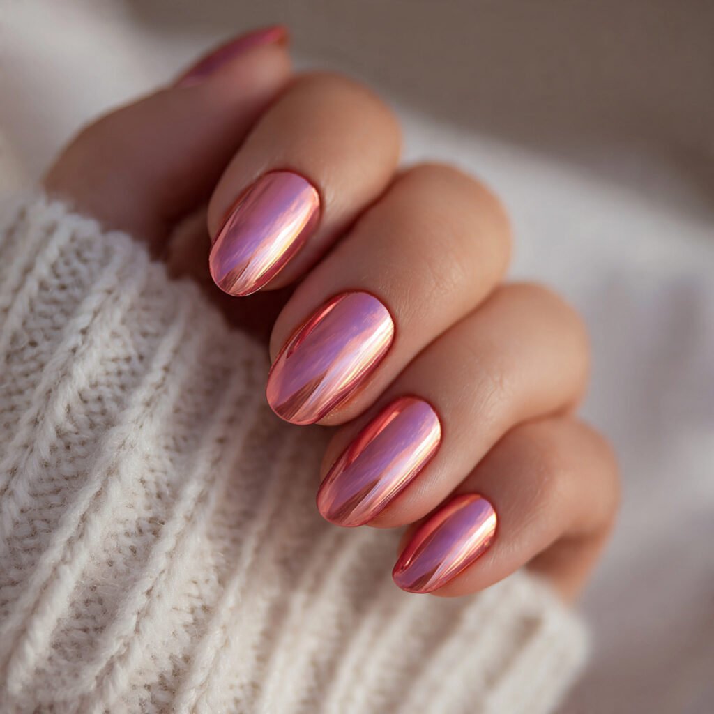soft pinkish red chrome tint nails delicate glowin