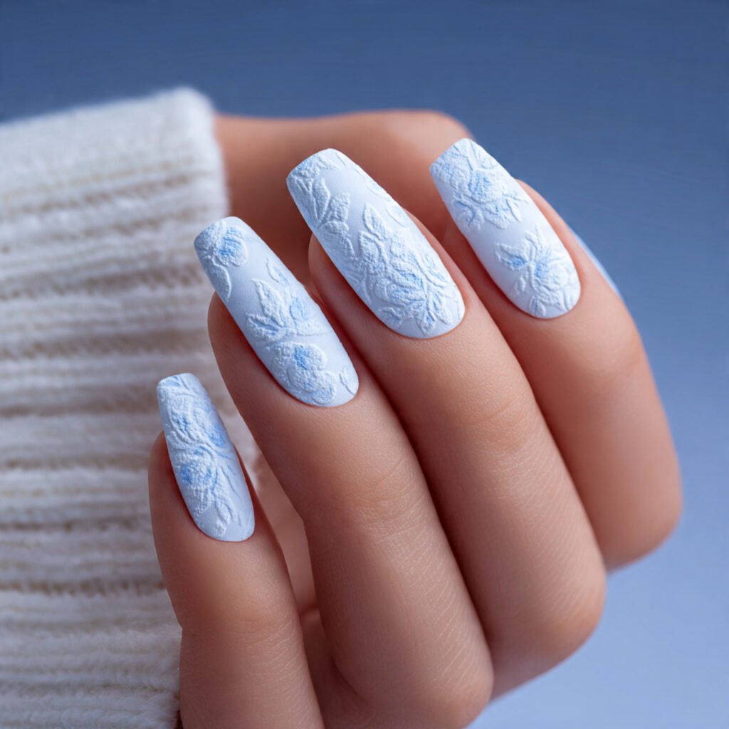 32 Top Blue and White Floral Nail Designs: Elegant Flower Art to Try 16 Soft Matte White Floral Finish