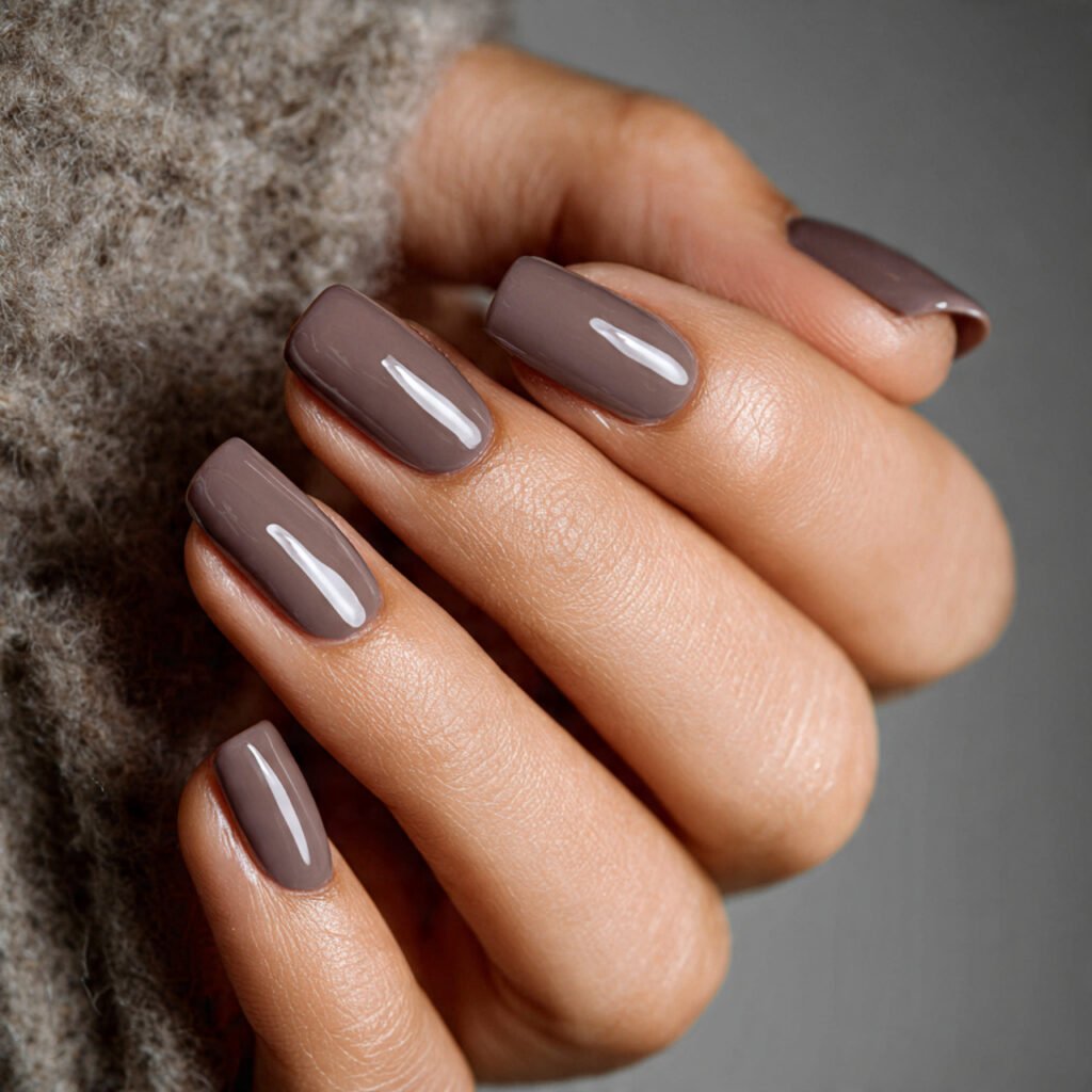 sophisticated shot of mushroom tan nails with a hi