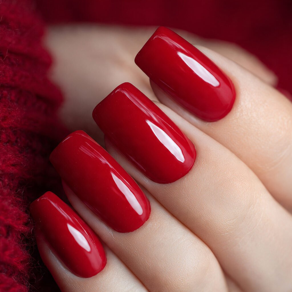 square nail art close up candy apple red deep arch