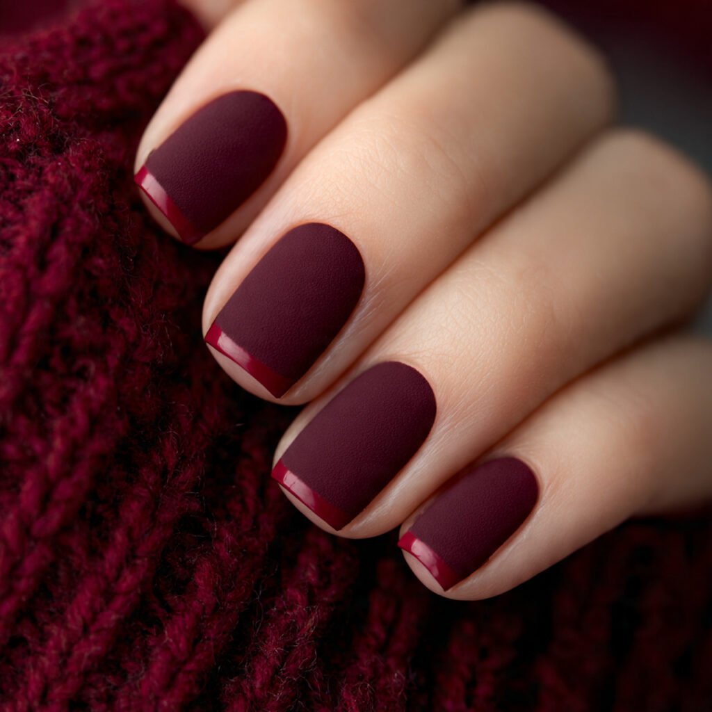 square nail art close up deep burgundy wine colore
