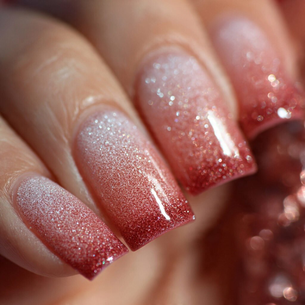 square nail art close up frosted red shimmer finis