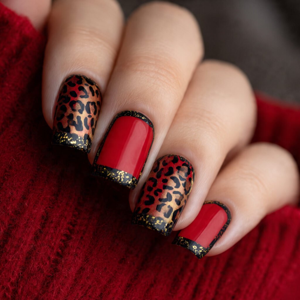 square nail art close up hot red and black leopard